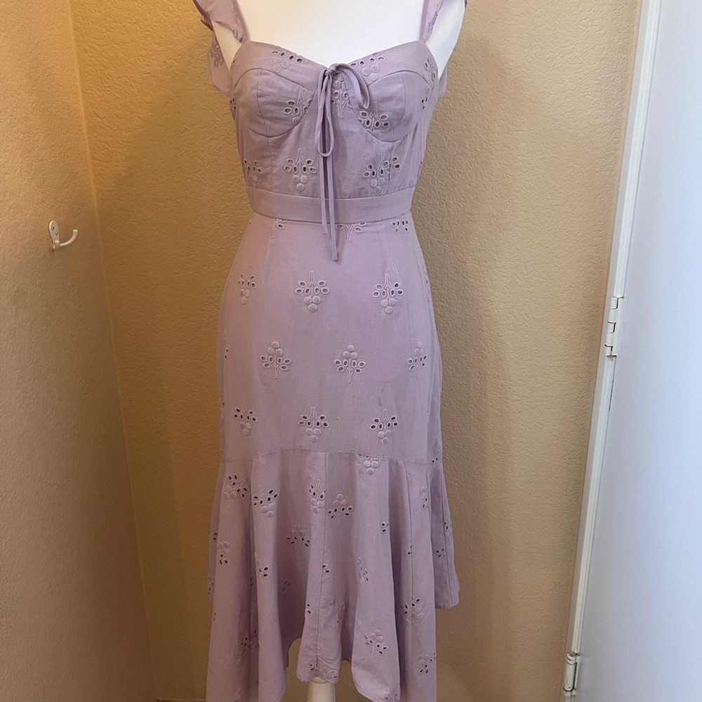 WAYF Novara Bustier Eyelet Asymmetrical Summer Midi Dress - Lavender